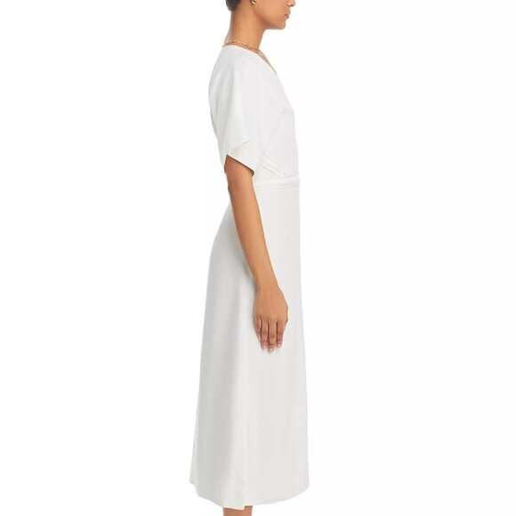 645$ BOSS V-Neck Slit Sides Dawinga Midi Dress Short Sleeves Size 10 Soft Cream - Picture 3 of 5